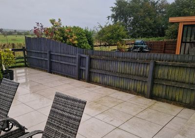 Grey composite fencing around a garden and patio