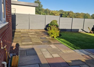 Grey composite fencing around a garden and patio