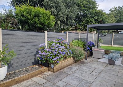 Grey composite fencing around a garden patio